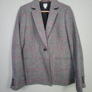 J Crew Womens Grey Glen Plaid One Button Wool Blend Blazer Jacket Career Size 2